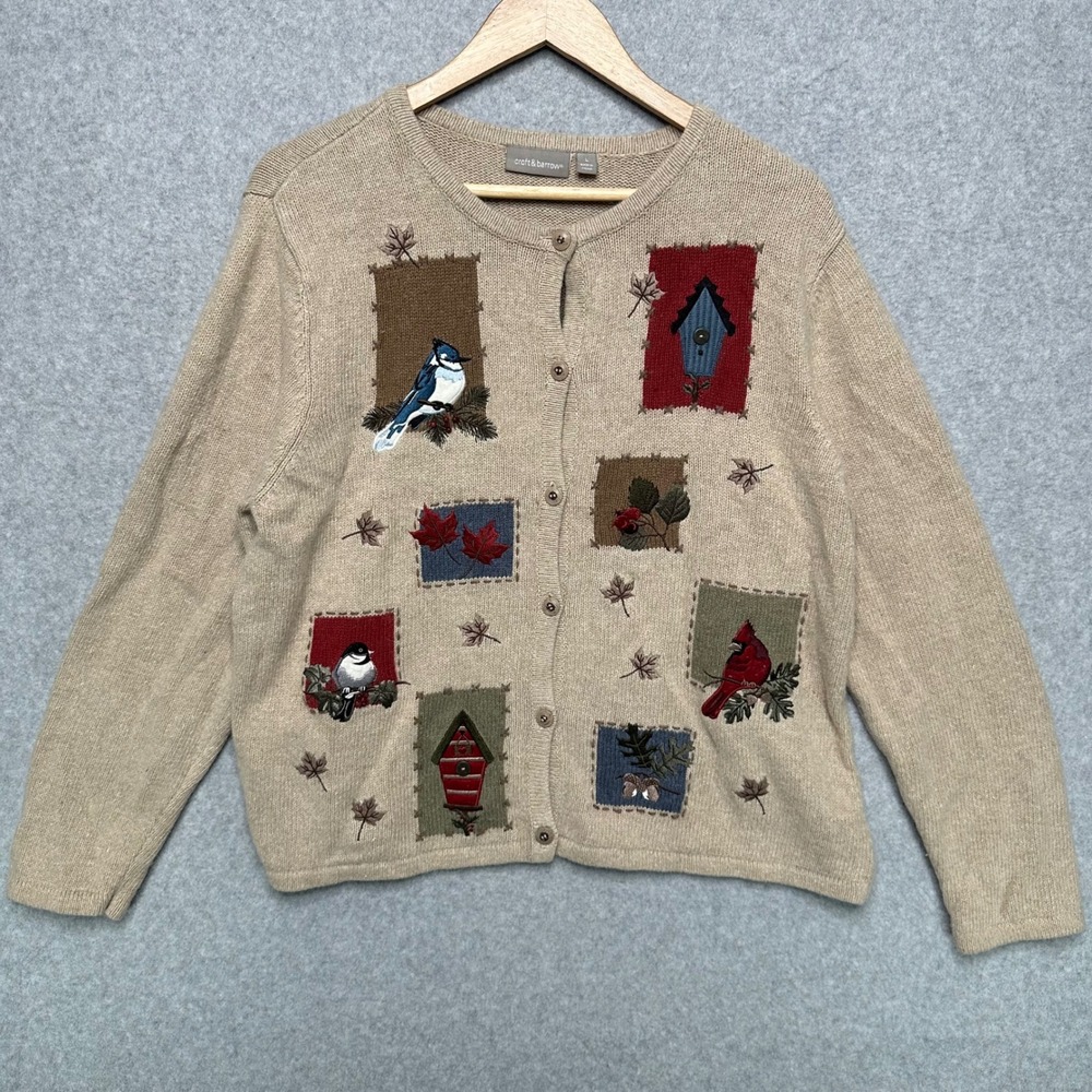 Vintage Croft & Barrow Embroidered Button Up Cardigan Tan Birds Cottagecore‎ L